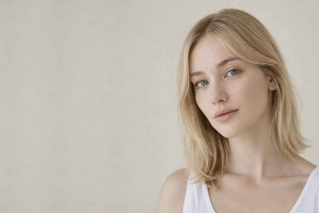 Sascha Mylenbusch Exklusiv Hair & Style - Der Feinhaar Spezialist in Düsseldorf, Benrath - Portrait einer jungen hübschen blonden Frau mit feinen Haaren auf einem beige-grauen Hintergrund nach ihrer neuen Feinhaar Frisur.